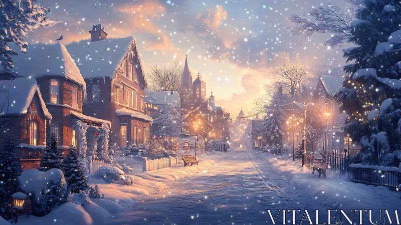 Snowlit Victorian street scene captures golden winter dusk
