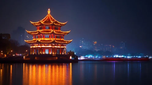 Golden riverside pagoda glows against a deep urban night