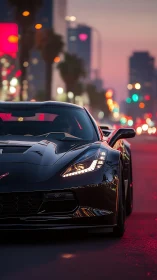Black sports car cruises neon city street at dusk.