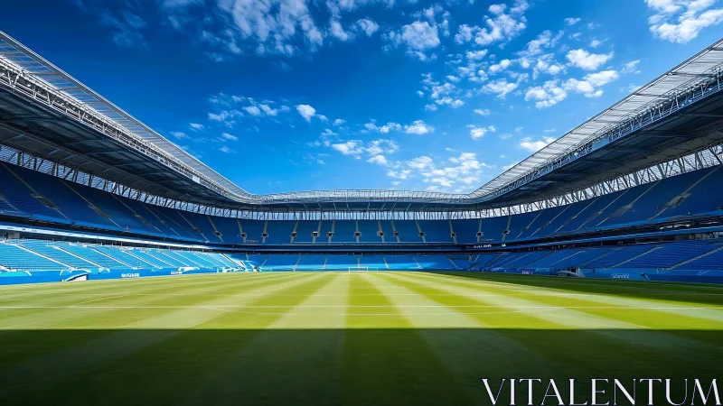 Empty modern football stadium under clear blue sky.