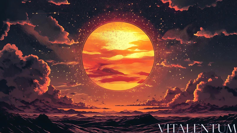 Celestial ember sun ignites a dream-swept alien horizon.
