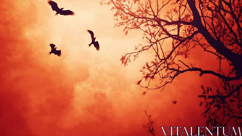 Silhouetted birds circling beneath a burning crimson sky.