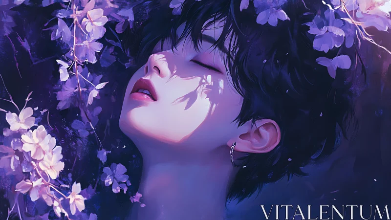 Moonlit petals cradle a dreaming face in violet hush