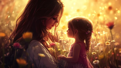 Golden meadow embrace between mother and daughter at dusk.