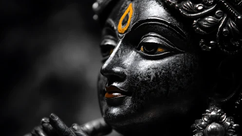 Soft glow of a serene black stone deity invites quiet reflection