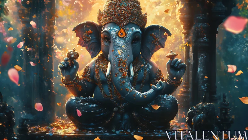 Elephant-headed deity statue rendered in glowing digital detail
