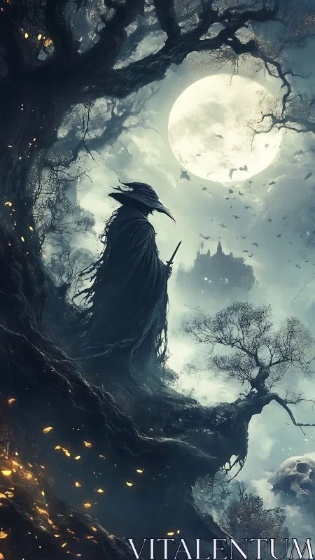 Cloaked figure stands on twisted cliff beneath full moon