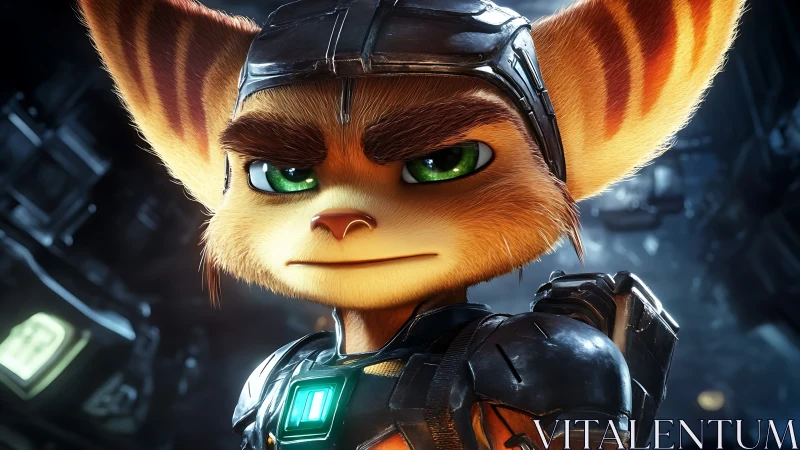 Feline space hero stares ahead in luminous armored portrait.