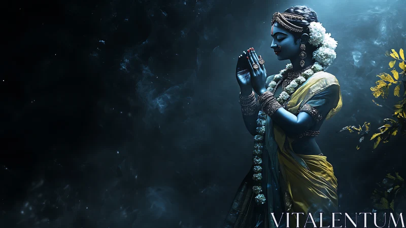 Divine blue goddess prays amid ethereal celestial mist.