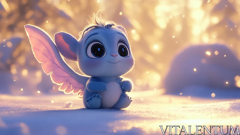 Winged blue creature sits in glowing snowy landscape