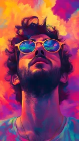 Vibrant low-angle portrait renders neon-tinted reflective eyewear