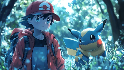 Anime trainer and electric creature explore luminous forest path