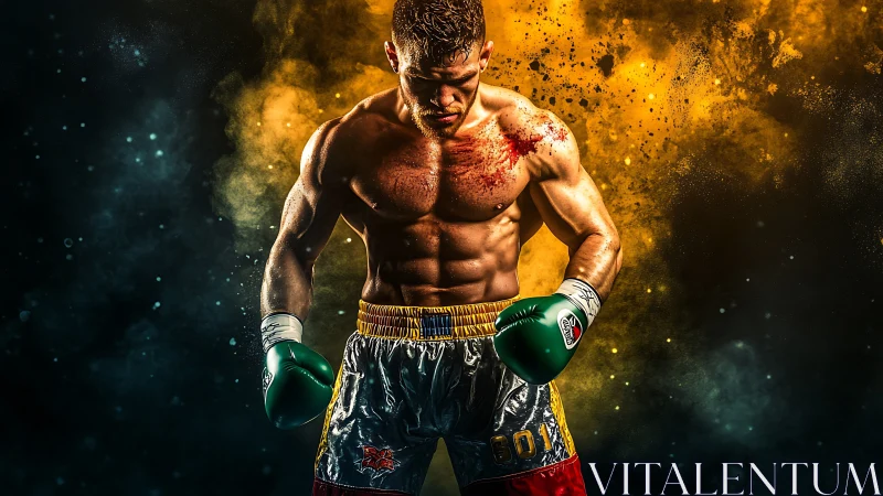 Muscular Boxer in Green Gloves Against Golden Powder Explosion.
