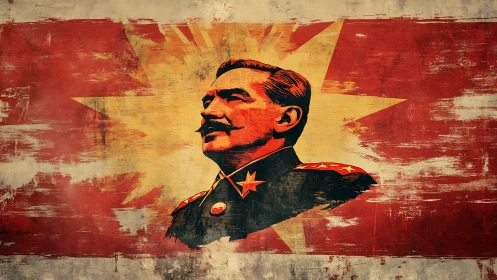 Heroic military portrait set against distressed red starfield.