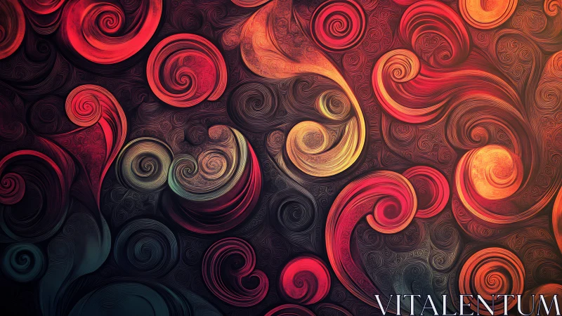 Swirling crimson and gold vortexes in textured digital abstraction.