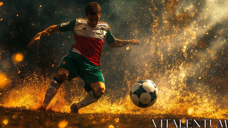 Soccer player striking ball with illuminated field spray.