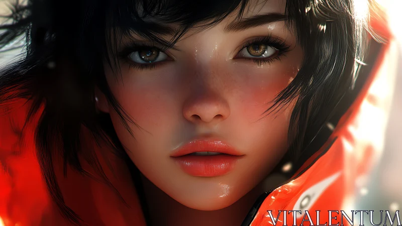 Intense close-up portrait of girl in glowing orange hood.