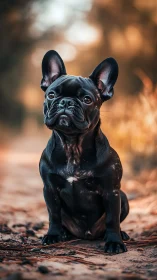 Black French bulldog sits on sunlit forest path portrait