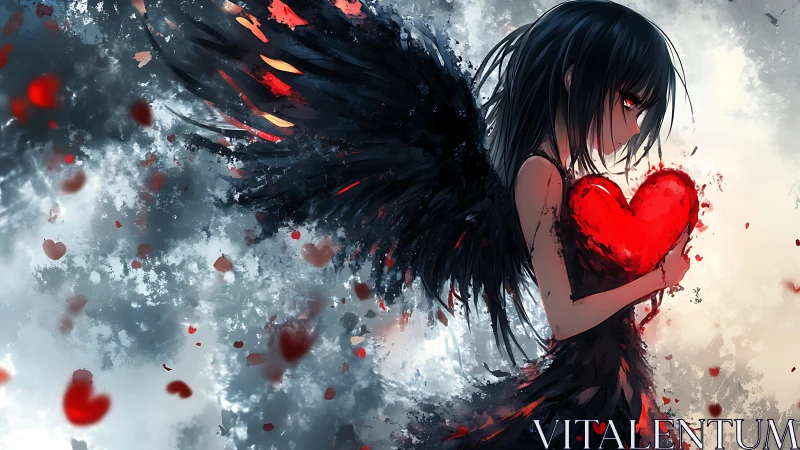Dark-winged girl holding glowing red heart amid particles.