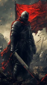 Armored knight stands before red war banner on battlefield