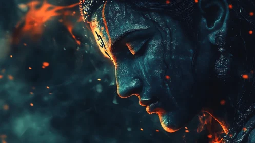 Divine profile burns through shadow with molten embers