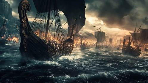Storm-lit Viking longships charge toward a burning shore.