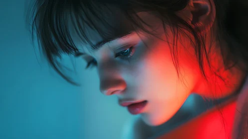 Youthful profile portrait under teal and red rim light.