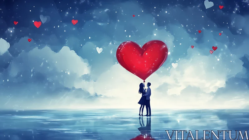 Silhouetted Couple Beneath Massive Crimson Heart in Ethereal Cloudscape Environment