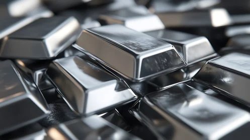 Polished silver bullion bars rendered with macro depth of field