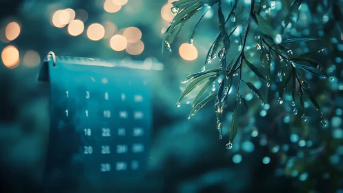 Rainlit calendar scene with bokeh lights and teal glow.