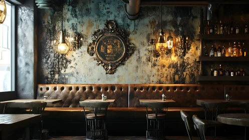 Industrial style bar interior with leather seating and lights.