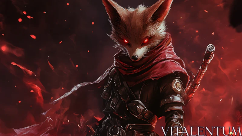 Fox warrior with glowing red eyes in burning crimson mist.