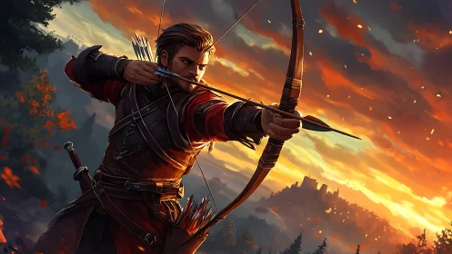 Archer drawing bow against a cinematic fantasy sunset sky