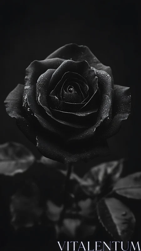 Velvety black rose blooms in dramatic monochrome light.