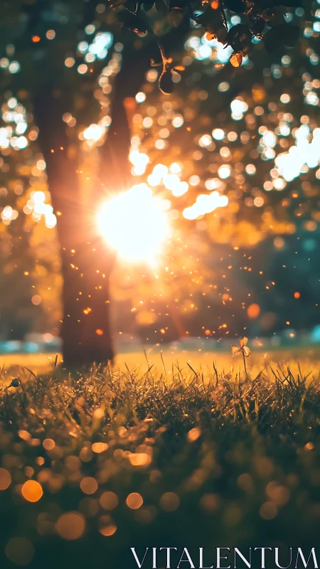 Golden hour fireflies over dewy grass in soft bokeh field.