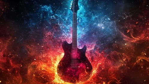 Fiery electric guitar glowing in vivid cosmic colors.