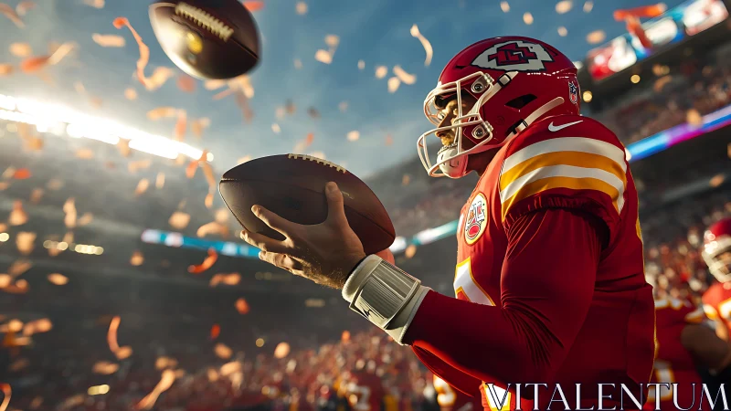 Quarterback holding football amid stadium confetti shower.