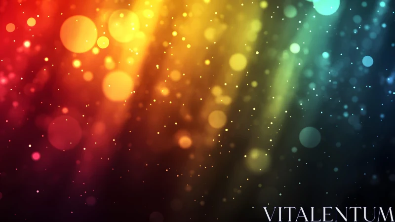 Vibrant abstract bokeh lights on rainbow gradient background.