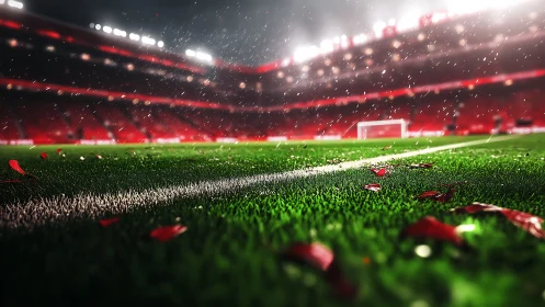 Floodlit goalmouth hush on rain-speckled emerald pitch.