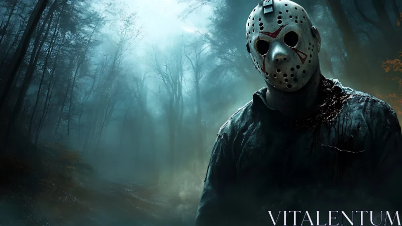 Masked killer stalks fog-drenched forest under cold moon