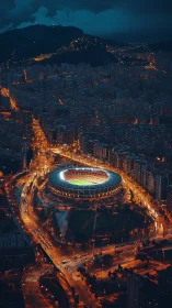 Floodlit urban stadium glows against moody night skyline