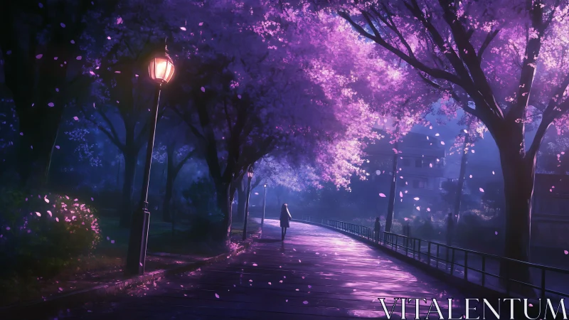 Purple-lit riverside path under blooming cherry trees.