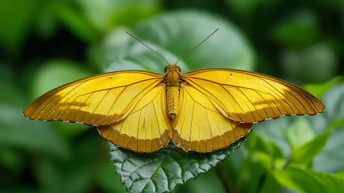 Golden butterfly rests on leaf with vivid green background