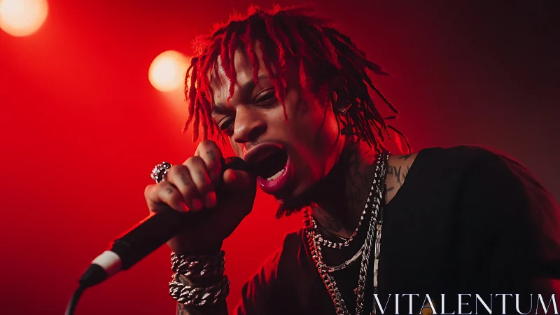 Electrifying rap vocalist under vivid red stage lights.