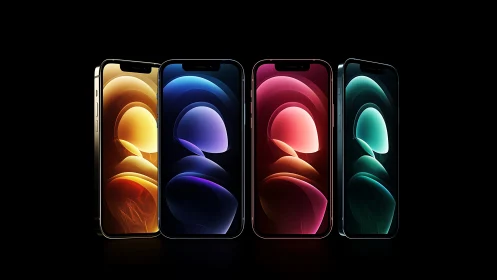 Four modern smartphones with vivid gradient screen art.