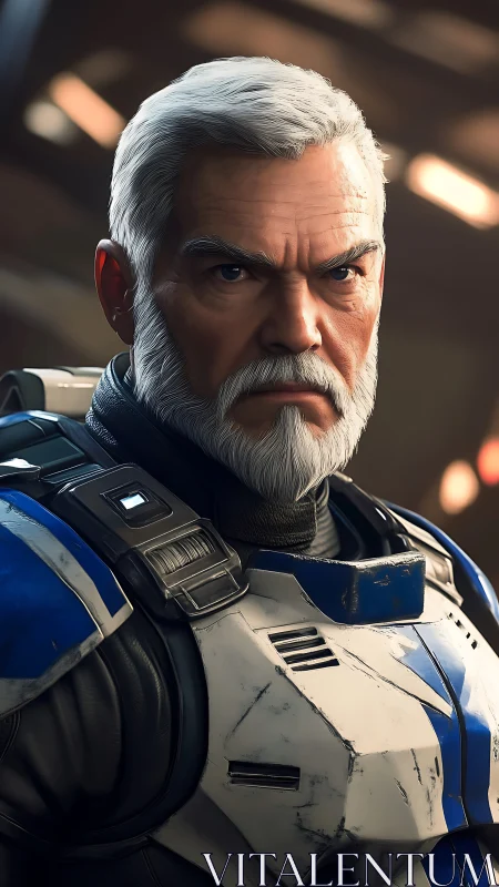 Veteran space commander in worn blue and white combat armor