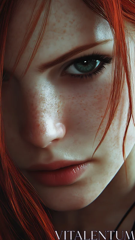 Intense freckled redhead gazes forward with quiet resolve
