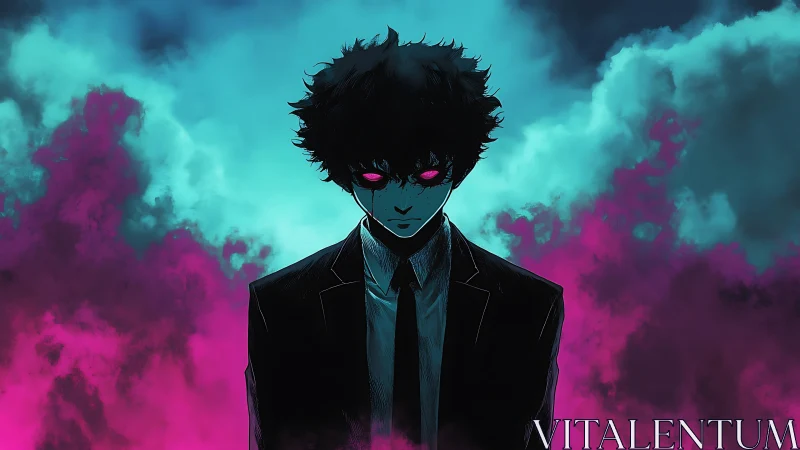 Silhouetted figure with glowing eyes in cyan and magenta clouds.