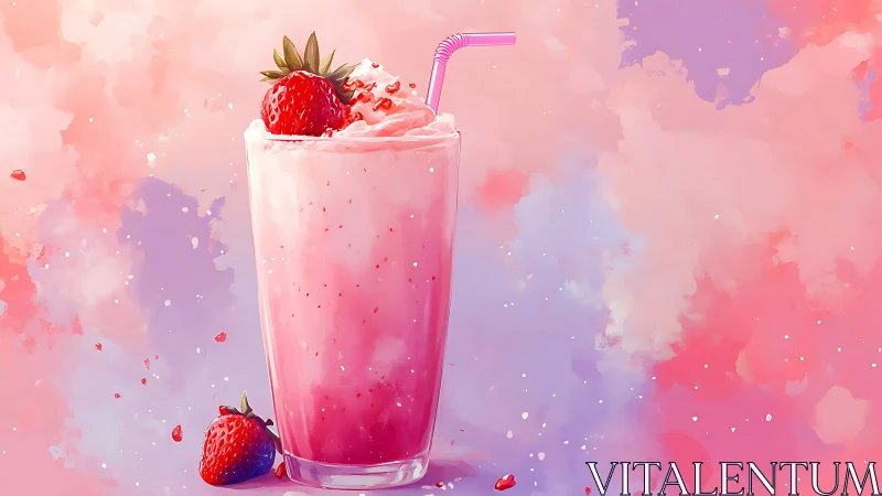 Strawberry milkshake stands against dreamy pastel clouds.