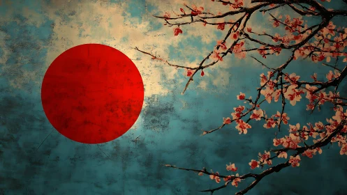 Crimson sun and quiet cherry blossoms over misty sky.